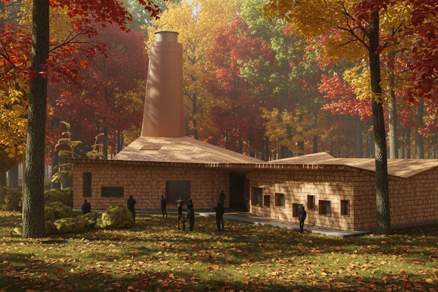 A vision of Shoreline Adventure Centers in the fall, surrounded by trees with changing leaves
